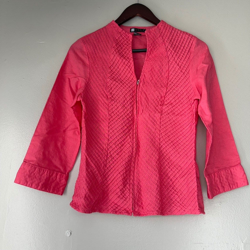 Carole Little Womens Pink Linen Blend Quilted Chevron Zip Front Jacket Size M